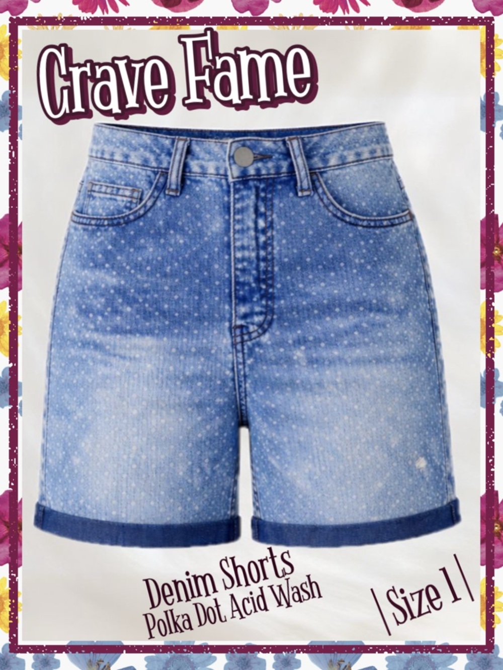 Crave Fame Polka Dot Acid Wash Denim Shorts Size 1 Petite | 2013 High Rise Y2K